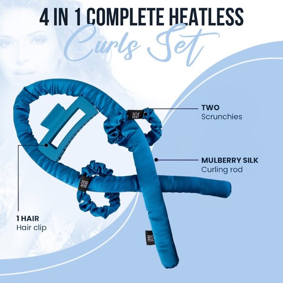 KAV Satin Heatless Curling Rod with Clip and Scrunchie Set, 4pcs set - Blue - Picture 6 of 6